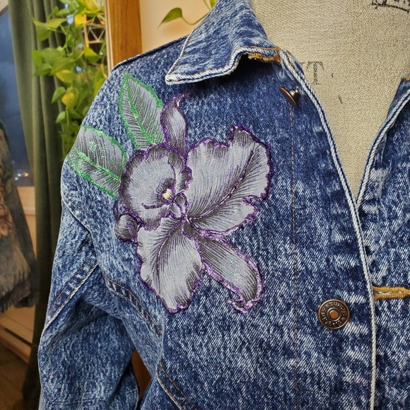 RARE  | Vintage Roglins Acid Wash Bomber Jean Jacket Glitter florals (Size M) - Picture 2 of 16